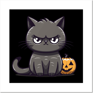 Annoyed Cat with Pumpkin Posters and Art